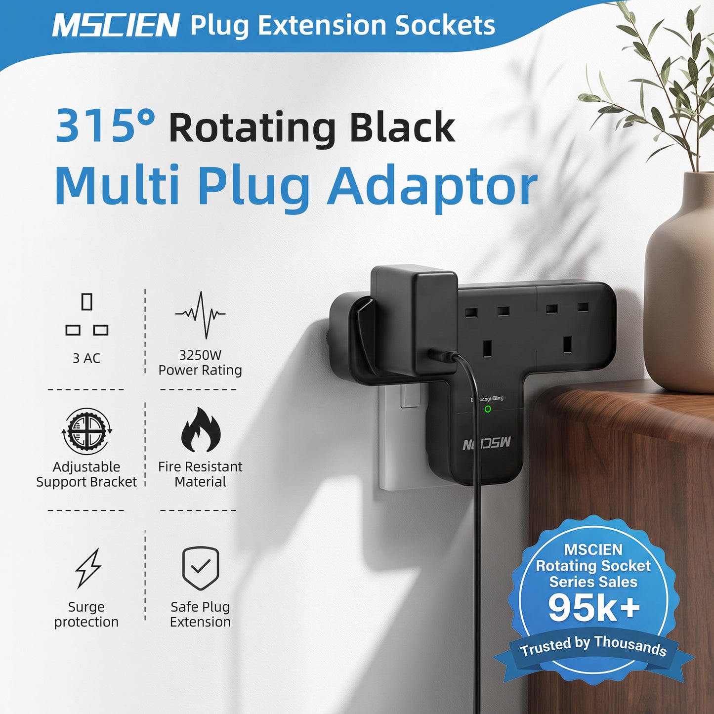 Black 3 Way Plug Extension Socket, 315° Mscien UK Multi Plug Adapter, Wall Power Strip 13A Fuse Surge Protector Extender without Cable Compact Portable Plug Adaptor for Home Office Trave