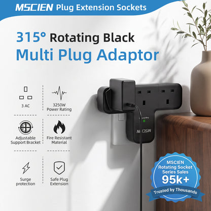 Black 3 Way Plug Extension Socket, 315° Mscien UK Multi Plug Adapter, Wall Power Strip 13A Fuse Surge Protector Extender without Cable Compact Portable Plug Adaptor for Home Office Trave