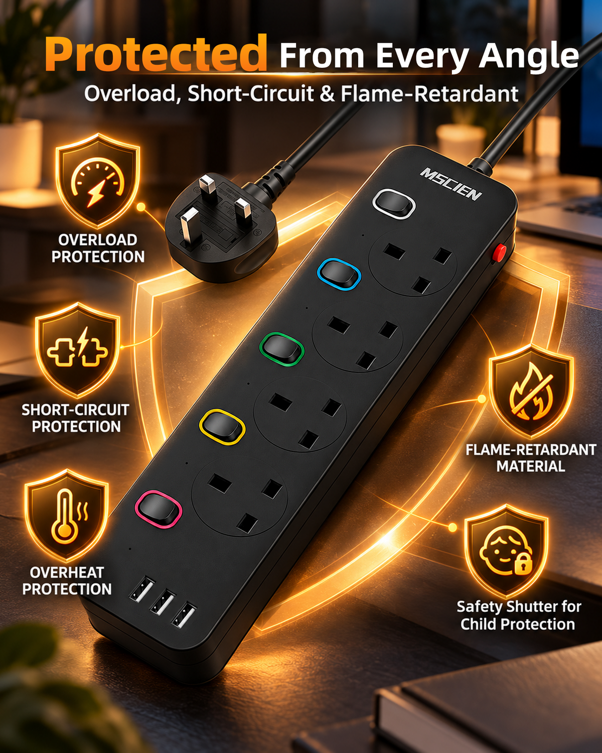Mscien Extension Lead with 3 USB Slots 5M Black Individual Switched, 3250W