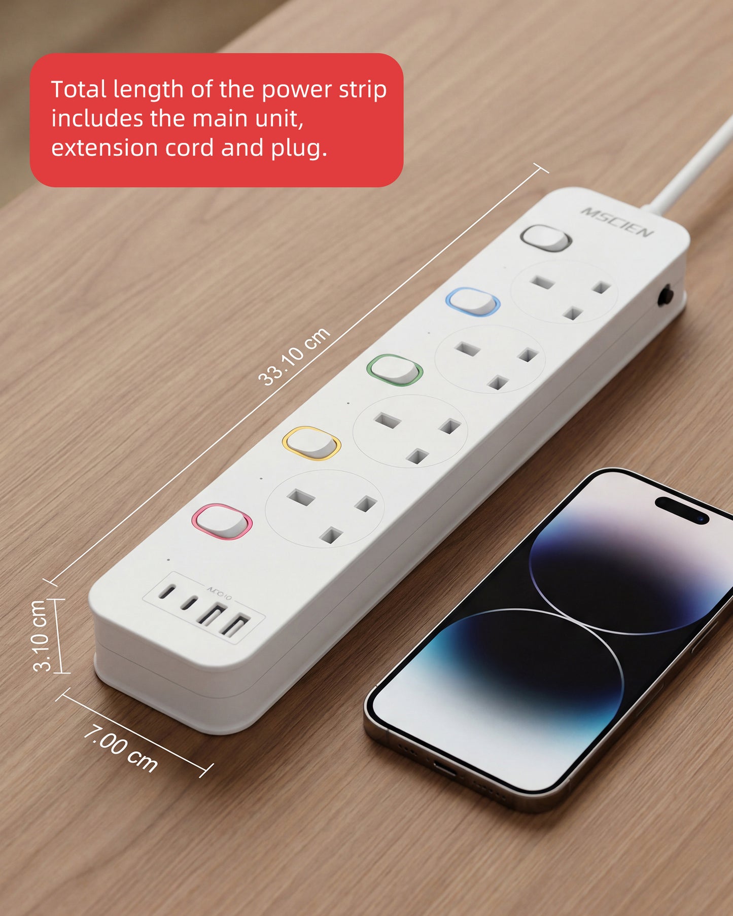 Mscien Extension Lead with USB Slots 1M, 4 Way Switched Extension Lead with Wall Mount, Overload Protection Power Strip, USB-C Slots, for Home, Office, 13A/3250W
