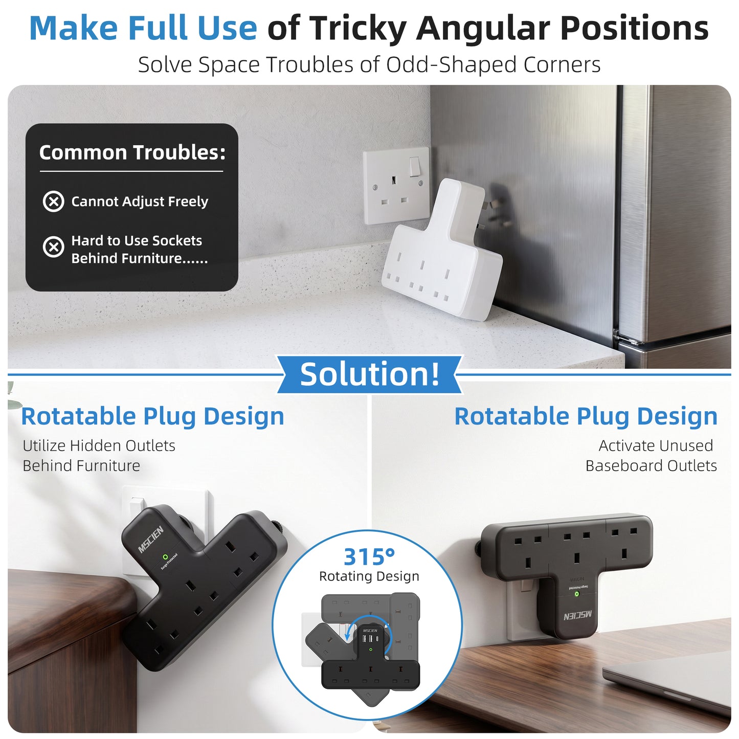 Black 3 Way Plug Extension Socket, 315° Mscien UK Multi Plug Adapter, Wall Power Strip 13A Fuse Surge Protector Extender without Cable Compact Portable Plug Adaptor for Home Office Trave