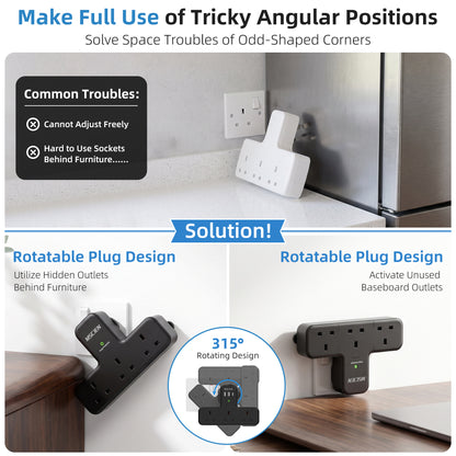 Black 3 Way Plug Extension Socket, 315° Mscien UK Multi Plug Adapter, Wall Power Strip 13A Fuse Surge Protector Extender without Cable Compact Portable Plug Adaptor for Home Office Trave