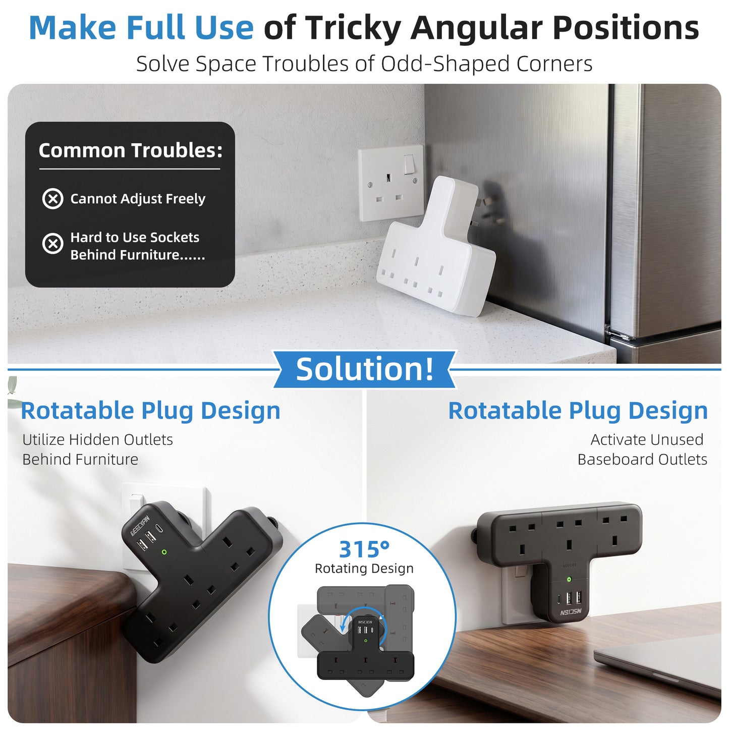 315° Black Plug Extension Socket, 6 in 1 Multi Plug Adopter 3 Way 3 USB, 13A Fuse Surge Protection Wall Socket UK Adapter, Widened Spacing Compact Portable Power Strip for Home Office Travel