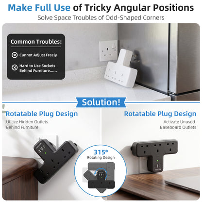 315° Black Plug Extension Socket, 6 in 1 Multi Plug Adopter 3 Way 3 USB, 13A Fuse Surge Protection Wall Socket UK Adapter, Widened Spacing Compact Portable Power Strip for Home Office Travel