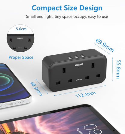 2Gang Plug Adaptor with 3 USB-A, Black, Overload Protection