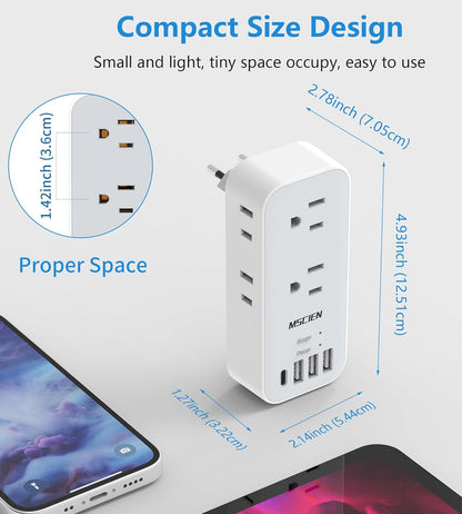 US to Europe Travel Plug Adapter, 6Outlets Plug Adapter with 4 USB(3 USB-A,1 USB-C),USA to EU Spain Iceland Italy France Greece Germany