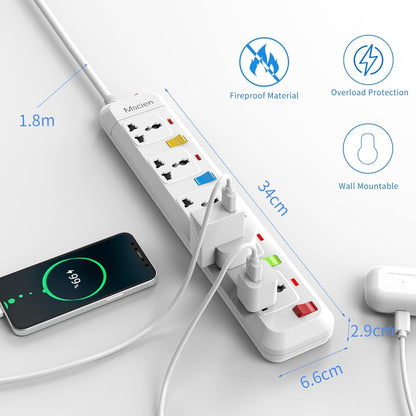 UK to USA Travel 1.8M 5Gang Extension lead with Individually Switched, Overload Protector