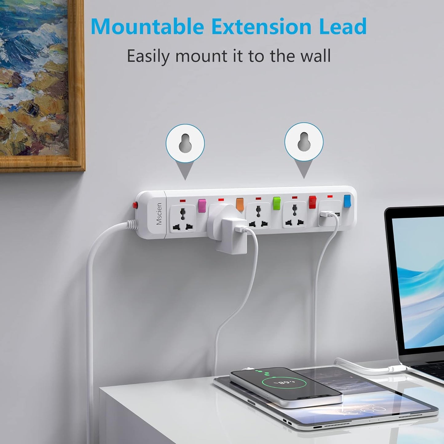 UK to EU Travel 1.8M 4Gang Extension Lead with 2 USB-A, Individually Switched, Overload Protector