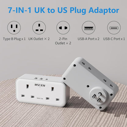 UK to US Plug Adaptor, Mscien Grounded USA Travel Adapter with 3 USB (1 USB C), Double Plug Adaptor with Dual 2 Pin Socket from UK to American, Canada, Thailand, Mexico, Jamaica, Philippines (Type B)