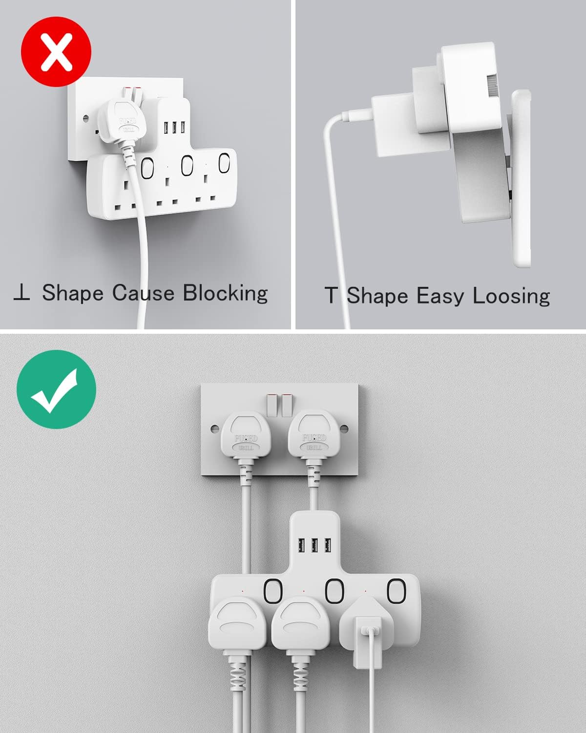 محول قابس 5 سم 3Gang مع 3 منافذ USB-A ومفاتيح فردية 