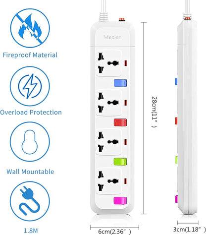 UK to EU Travel 1.8M 4 Gang Extension Lead with 4 Individually Switches, Overload Protector