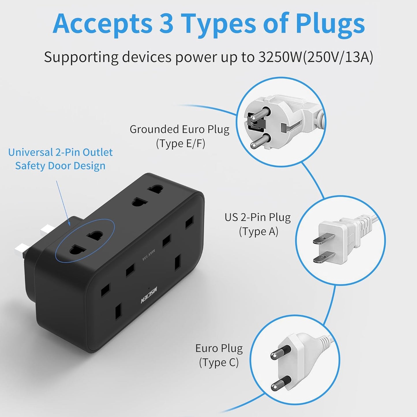 2Gang Plug Adaptor with 3 USB-A, Black, Overload Protection