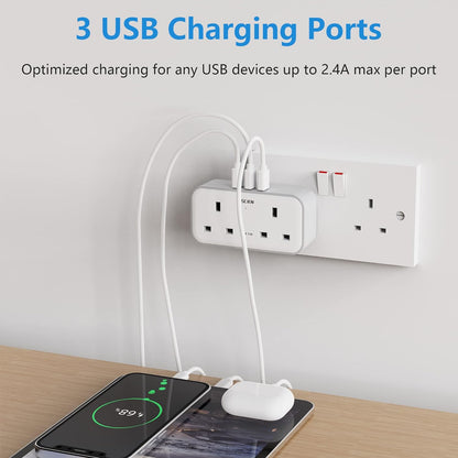 2Gang Plug Adapter with 3 USB-A, Surge Protector