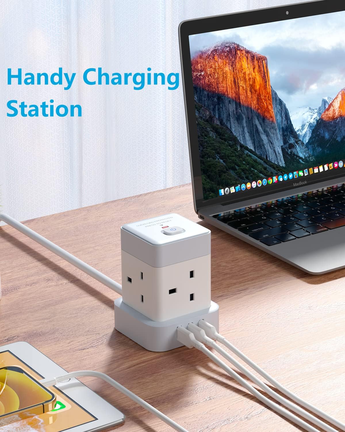 4M 4Gang Cube Extension Lead with 3 USB-A Ports, Overload Protect