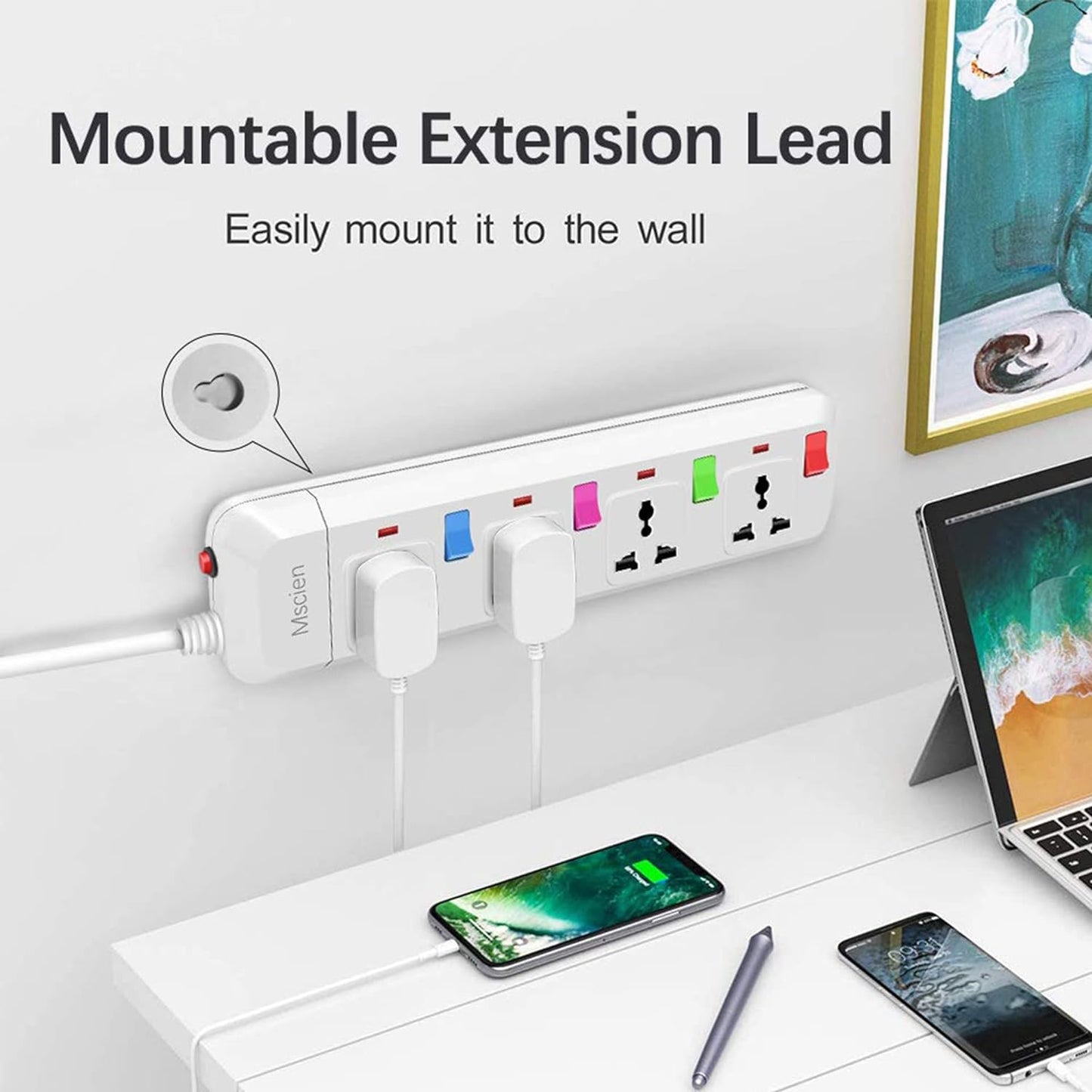 1.8M 4Gang Extension Lead with Switches, Wall Mount, Overload Protection