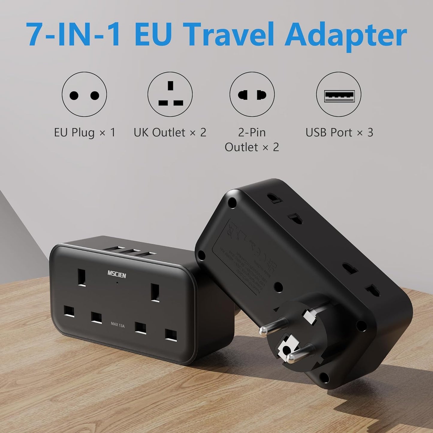 UK to European 2Gang Travel Plug Adapter with 3 USB-A, Black, Type E/F, Charger for Germany France Spain Turkey Greece