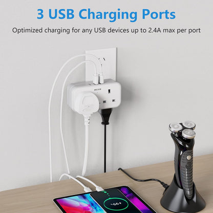 UK to Australia 2Gang Plug Adaptor With 3 USB-A, Grounded Australian China New Zealand from UK