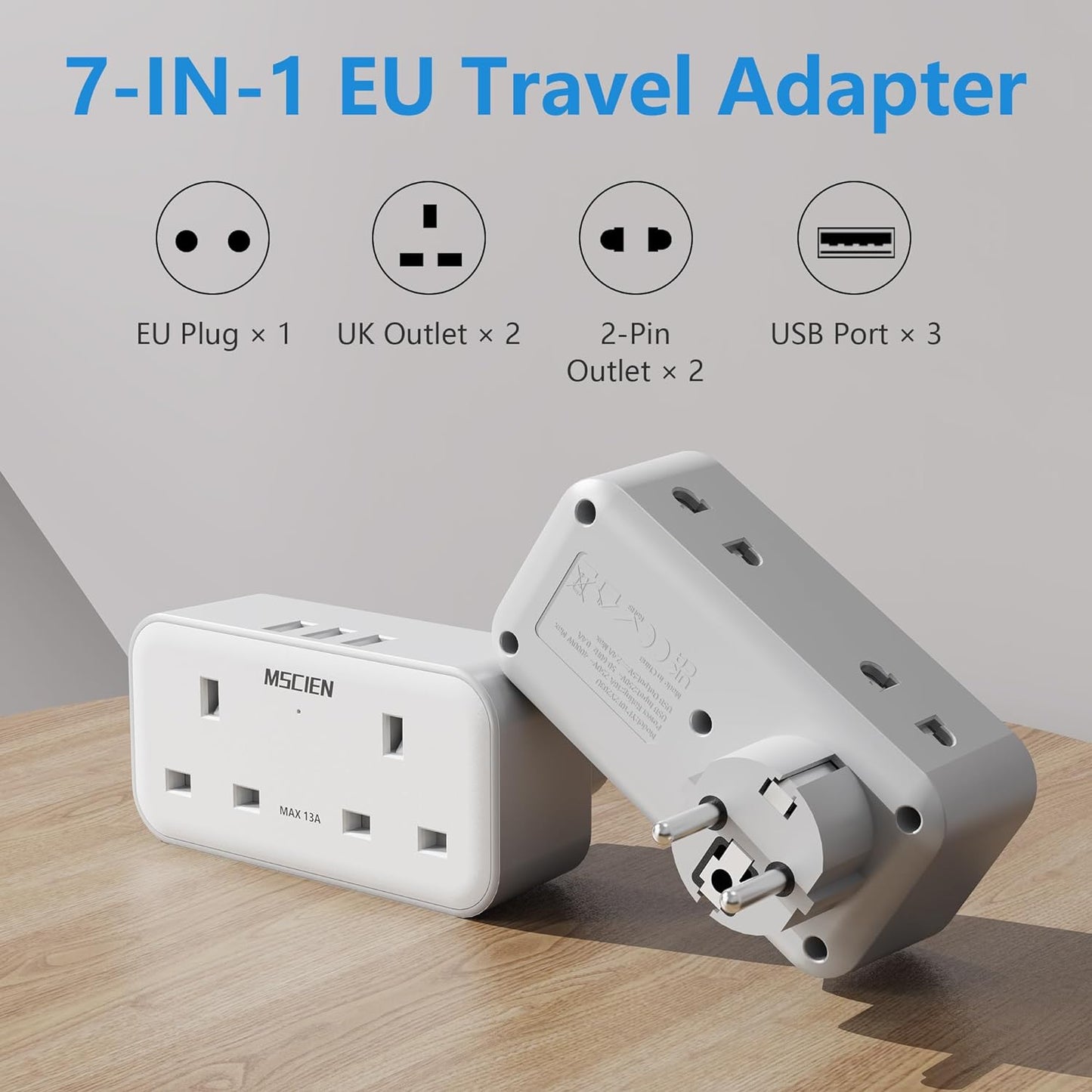 UK to European 2Gang Travel Plug Adaptor with 3 USB-A, Type E/F for Germany France Spain Turkey Greece