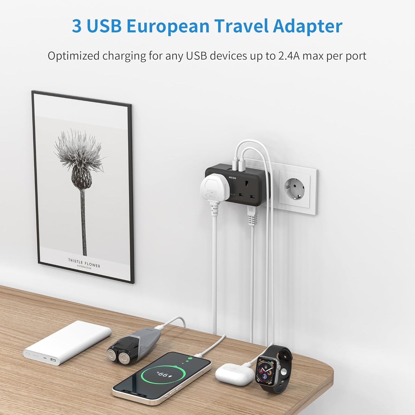 UK to European 2Gang Travel Plug Adapter with 3 USB-A, Black, Type E/F, Charger for Germany France Spain Turkey Greece