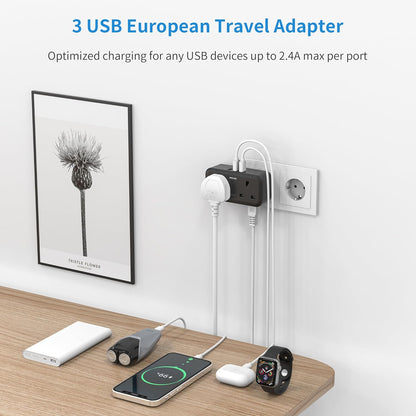 UK to European 2Gang Travel Plug Adapter with 3 USB-A, Black, Type E/F, Charger for Germany France Spain Turkey Greece