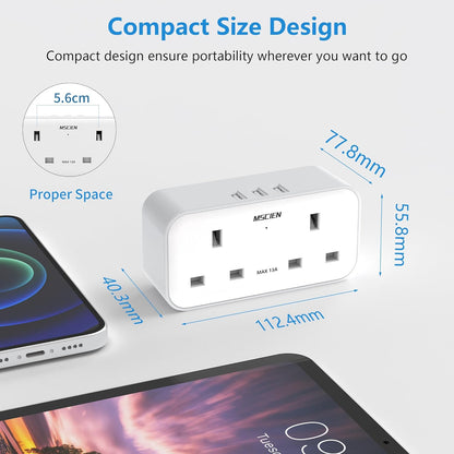 UK to European 2Gang Travel Plug Adaptor with 3 USB-A, Type E/F for Germany France Spain Turkey Greece