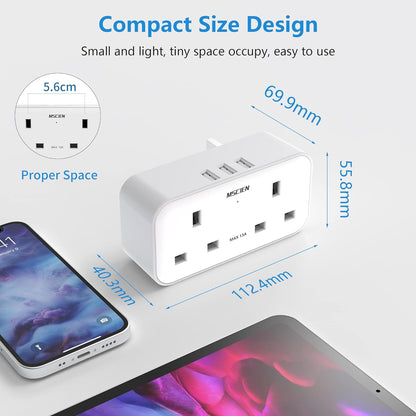 2Gang Plug Adapter with 3 USB-A, Surge Protector