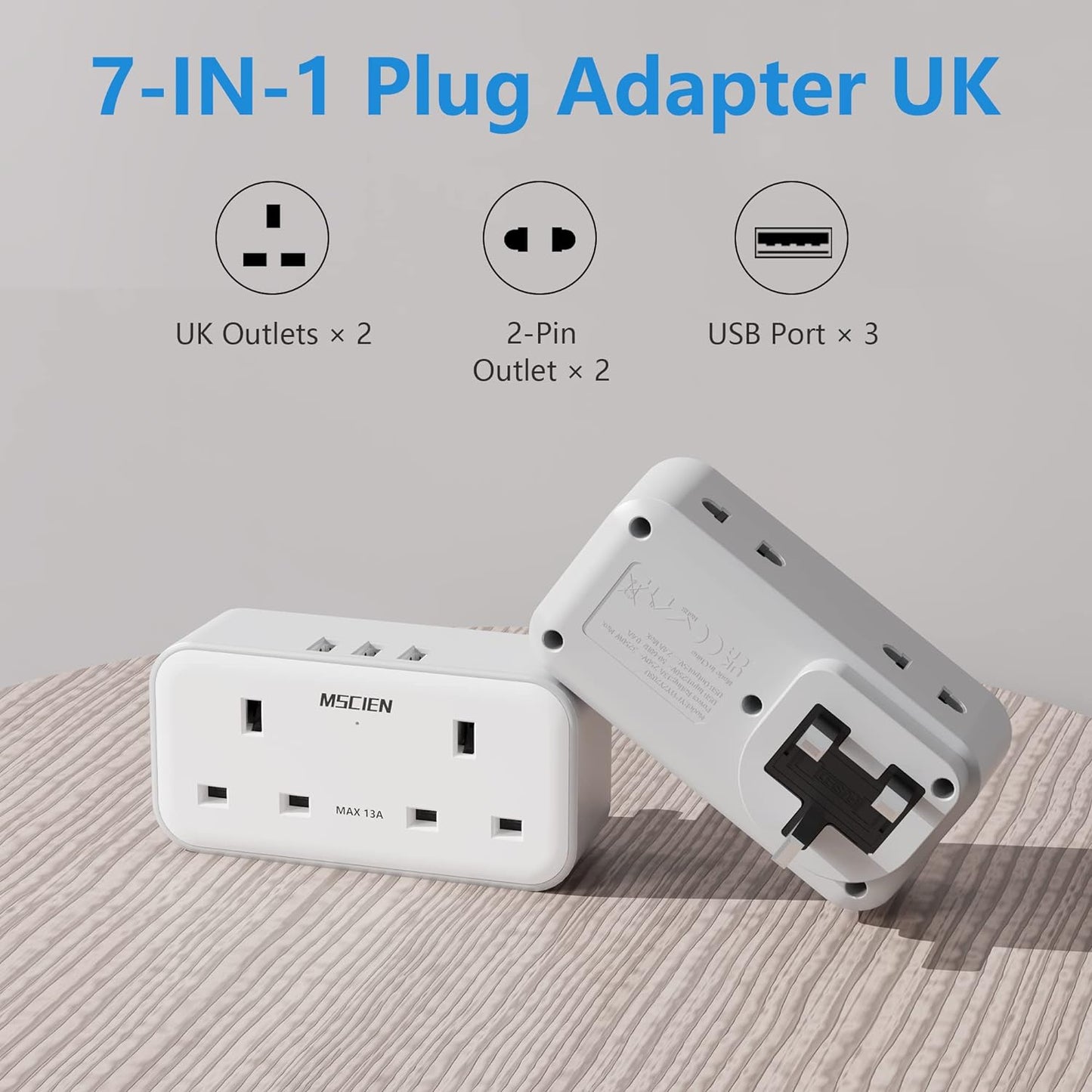 2Gang Plug Adapter with 3 USB-A, Surge Protector