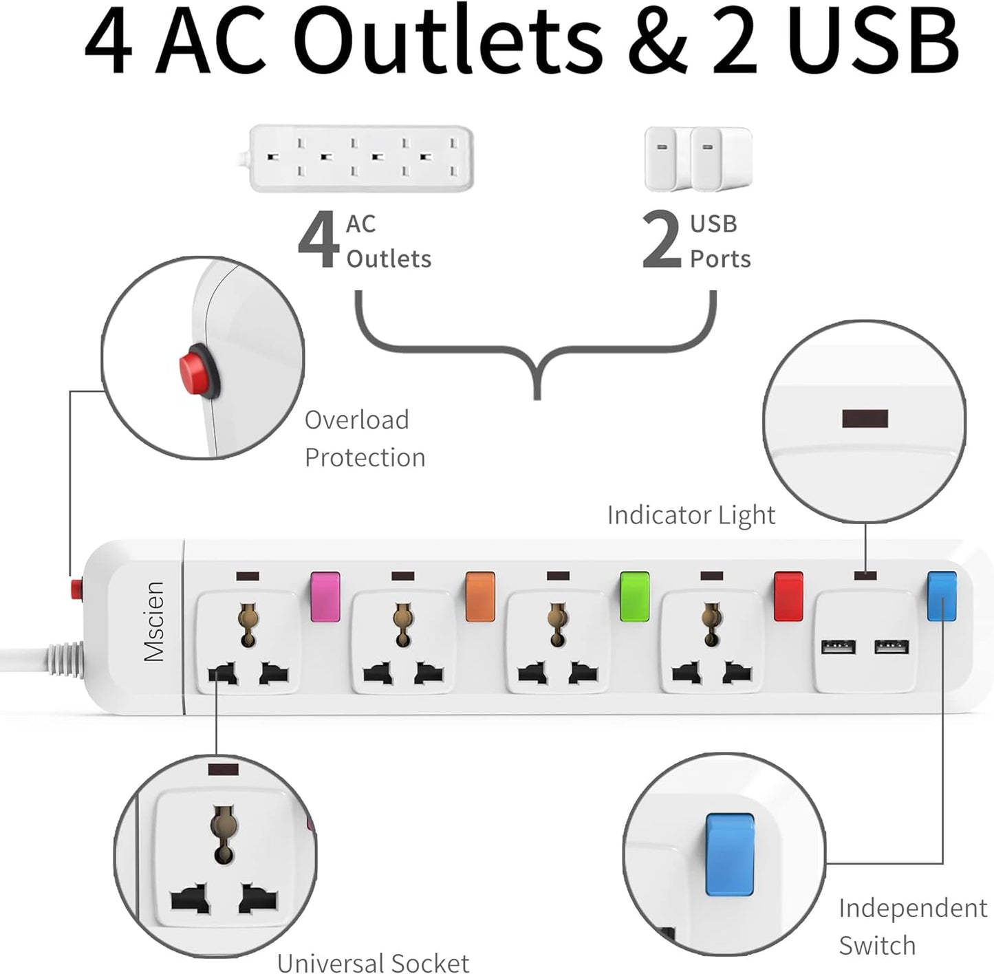 UK to EU Travel 1.8M 4Gang Extension Lead with 2 USB-A, Individually Switched, Overload Protector