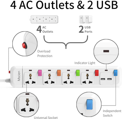 UK to EU Travel 1.8M 4Gang Extension Lead with 2 USB-A, Individually Switched, Overload Protector