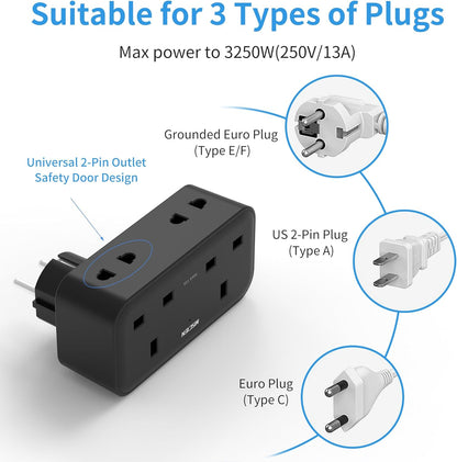 UK to European 2Gang Travel Plug Adapter with 3 USB-A, Black, Type E/F, Charger for Germany France Spain Turkey Greece