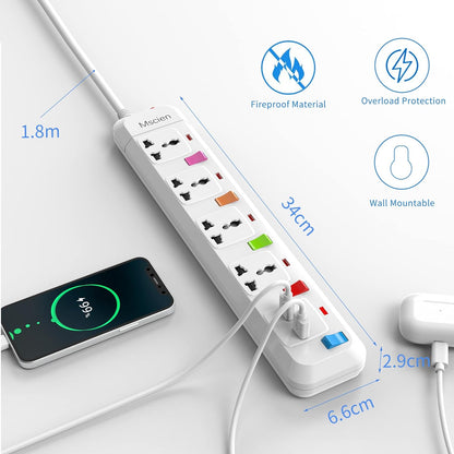 UK to EU Travel 1.8M 4Gang Extension Lead with 2 USB-A, Individually Switched, Overload Protector