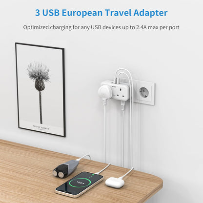 UK to European 2Gang Travel Plug Adaptor with 3 USB-A, Type E/F for Germany France Spain Turkey Greece