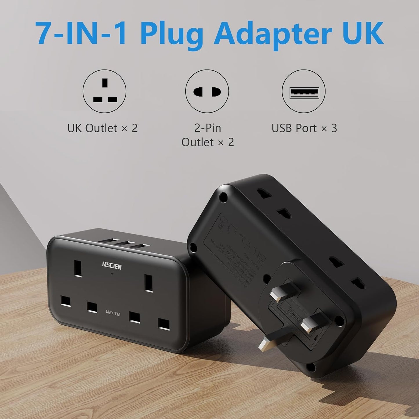 2Gang Plug Adaptor with 3 USB-A, Black, Overload Protection