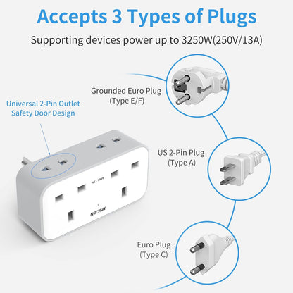 UK to US Plug Adaptor, Mscien Grounded USA Travel Adapter with 3 USB (1 USB C), Double Plug Adaptor with Dual 2 Pin Socket from UK to American, Canada, Thailand, Mexico, Jamaica, Philippines (Type B)