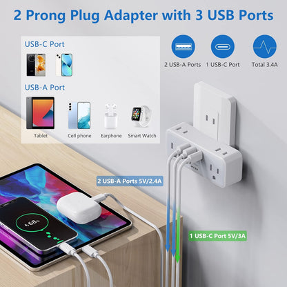 US to Japan Plug Adaptor, 2 Prong to 3 Prong Outlet Adapter with 2 USB-A and 1 USB-C, USA to Japanese Philippines