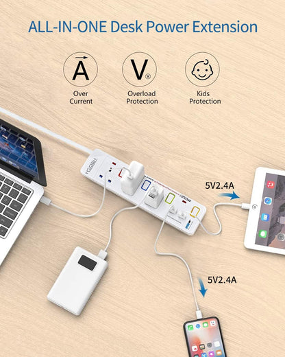 3M 3Gang Extension Lead with 2 USB-A Slots, with Individual Switches, Mountable