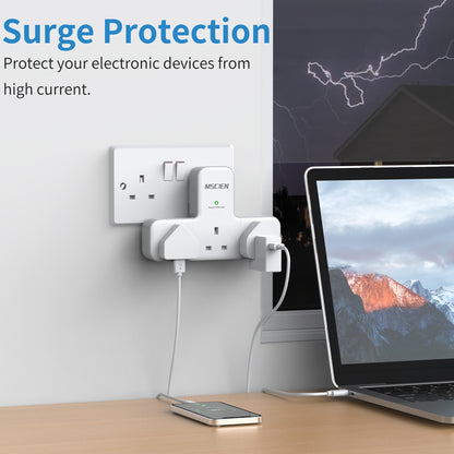 Multi Plug Adapter, Mscien 3 Way UK Plug Extension Socket with 315 Degree Rotation, Wall Power Strip Surge Protector Extender without Cable Plug Adaptor For Home, Office, Dorm
