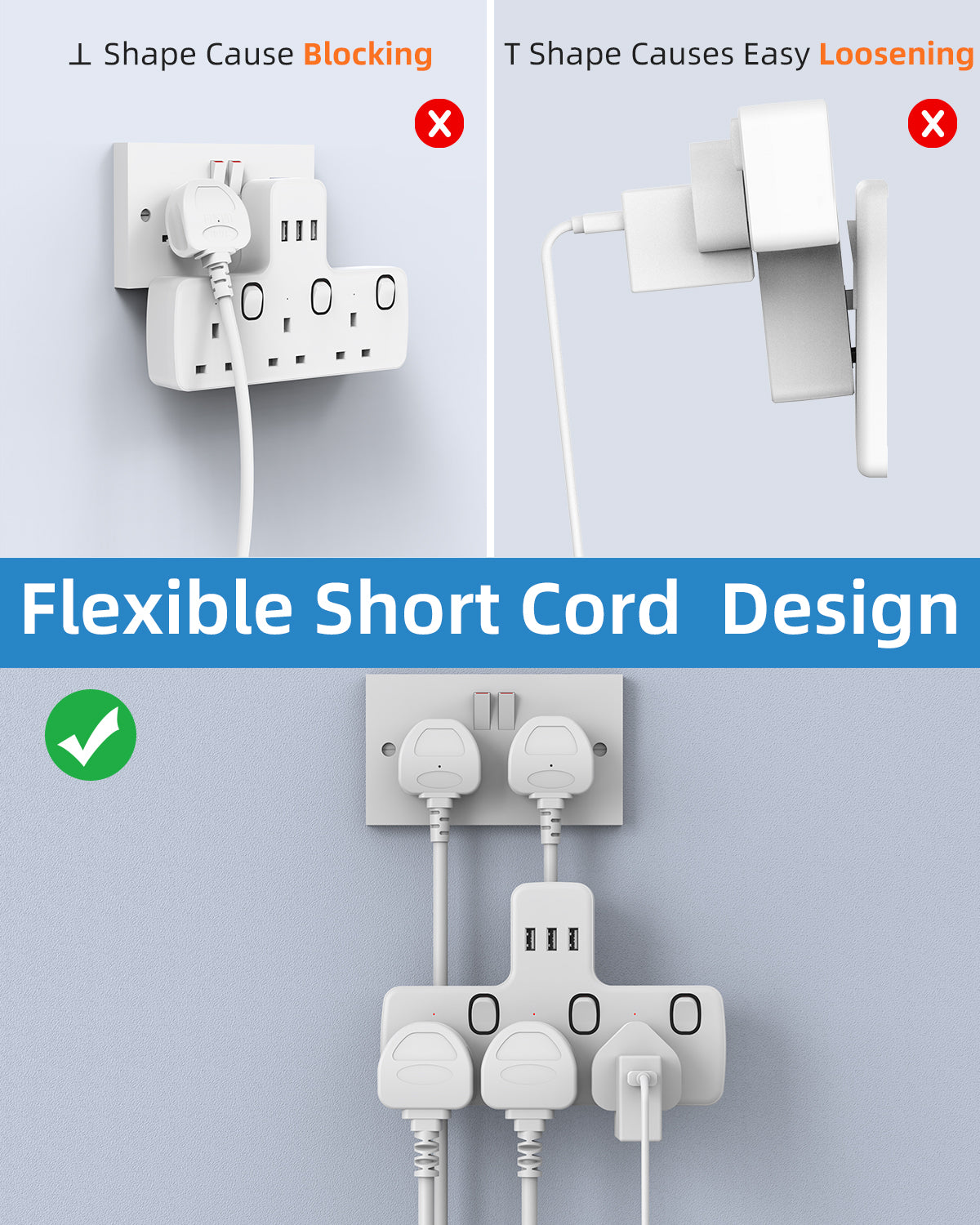 Mscien Multi Plug Adaptor, Plug Socket Extension with USB Slots,3 Way Individually Switched Plug Adapter, Wall Socket Extension Plug Extender