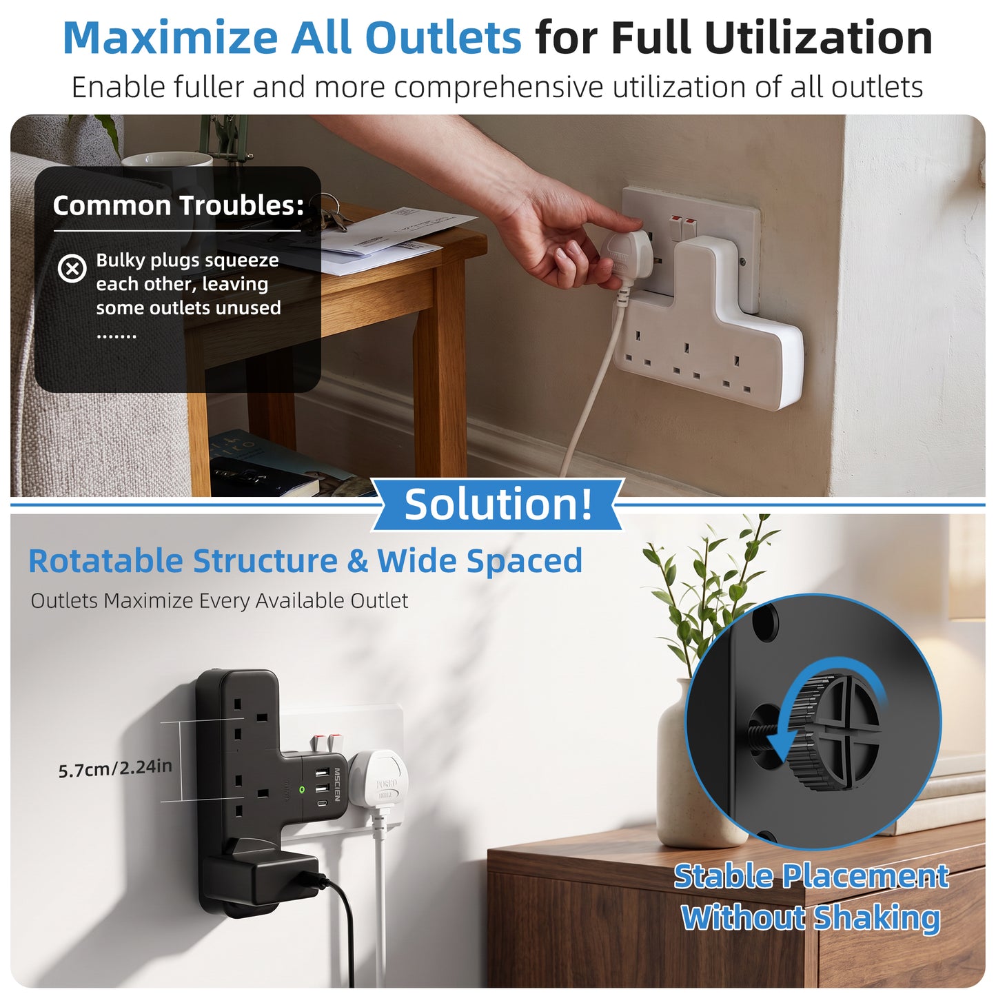 315° Black Plug Extension Socket, 6 in 1 Multi Plug Adopter 3 Way 3 USB, 13A Fuse Surge Protection Wall Socket UK Adapter, Widened Spacing Compact Portable Power Strip for Home Office Travel
