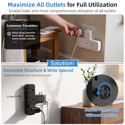 315° Black Plug Extension Socket, 6 in 1 Multi Plug Adopter 3 Way 3 USB, 13A Fuse Surge Protection Wall Socket UK Adapter, Widened Spacing Compact Portable Power Strip for Home Office Travel