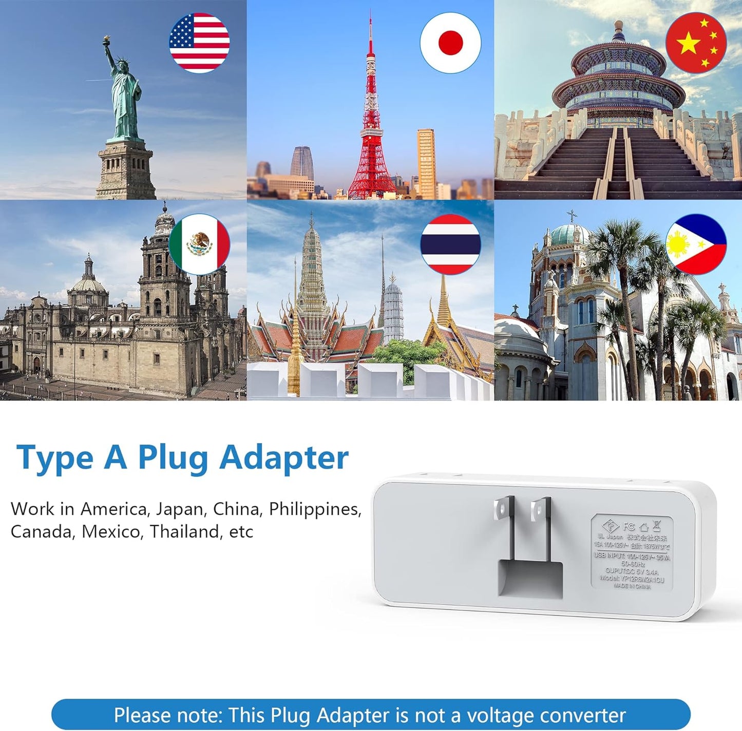 US to Japan Plug Adaptor, 2 Prong to 3 Prong Outlet Adapter with 2 USB-A and 1 USB-C, USA to Japanese Philippines