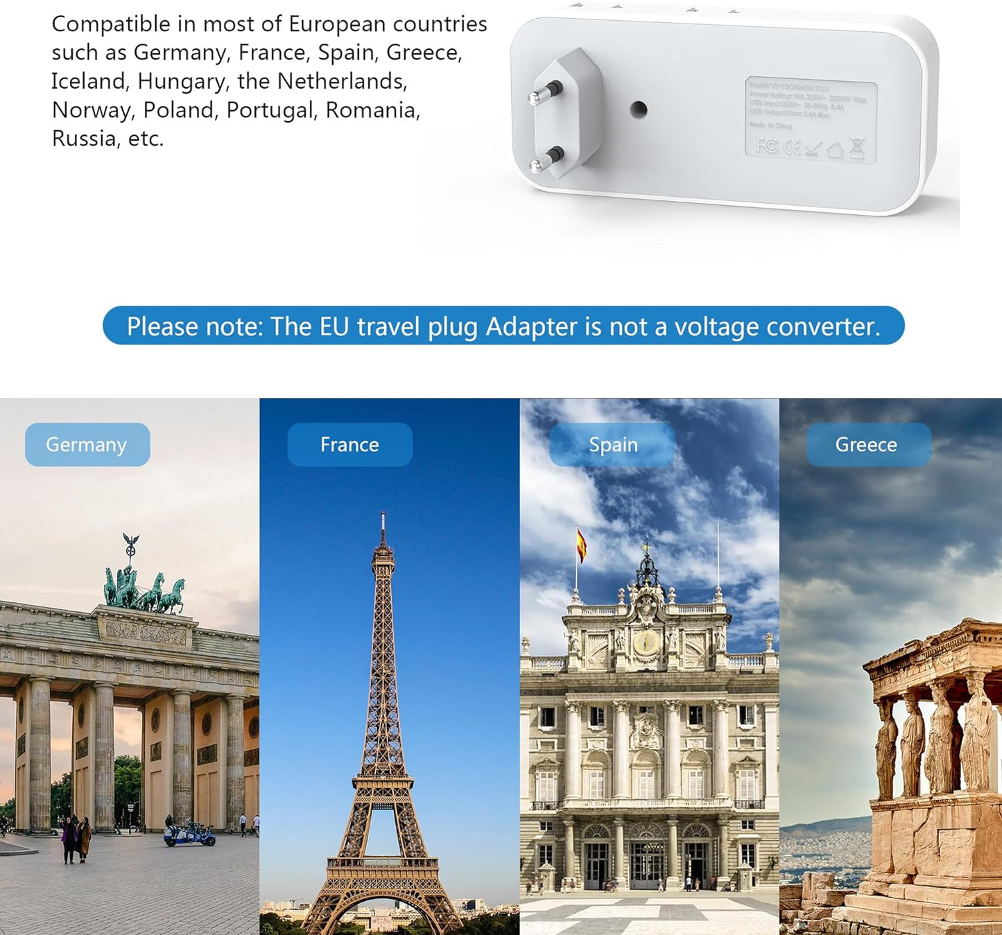 US to Europe Travel Plug Adapter, 6Outlets Plug Adapter with 4 USB(3 USB-A,1 USB-C),USA to EU Spain Iceland Italy France Greece Germany