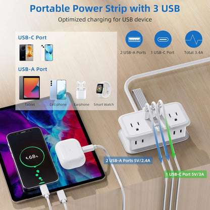 5FT Travel 6Outlets Power Strip with USB Ports (1 USB C), Surge Protector Flat Cable