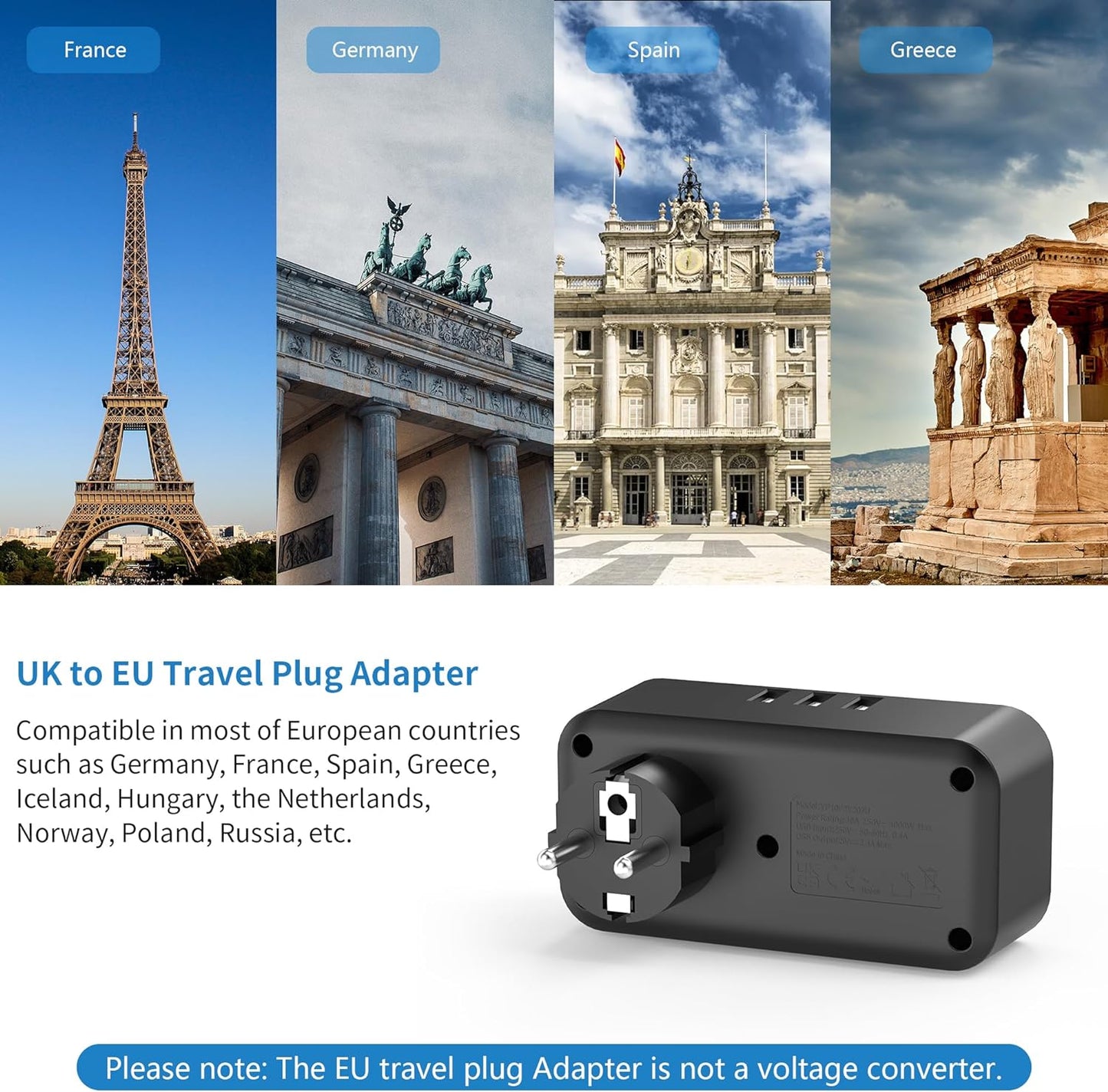 UK to European 2Gang Travel Plug Adapter with 3 USB-A, Black, Type E/F, Charger for Germany France Spain Turkey Greece