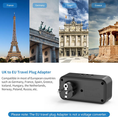 UK to European 2Gang Travel Plug Adapter with 3 USB-A, Black, Type E/F, Charger for Germany France Spain Turkey Greece