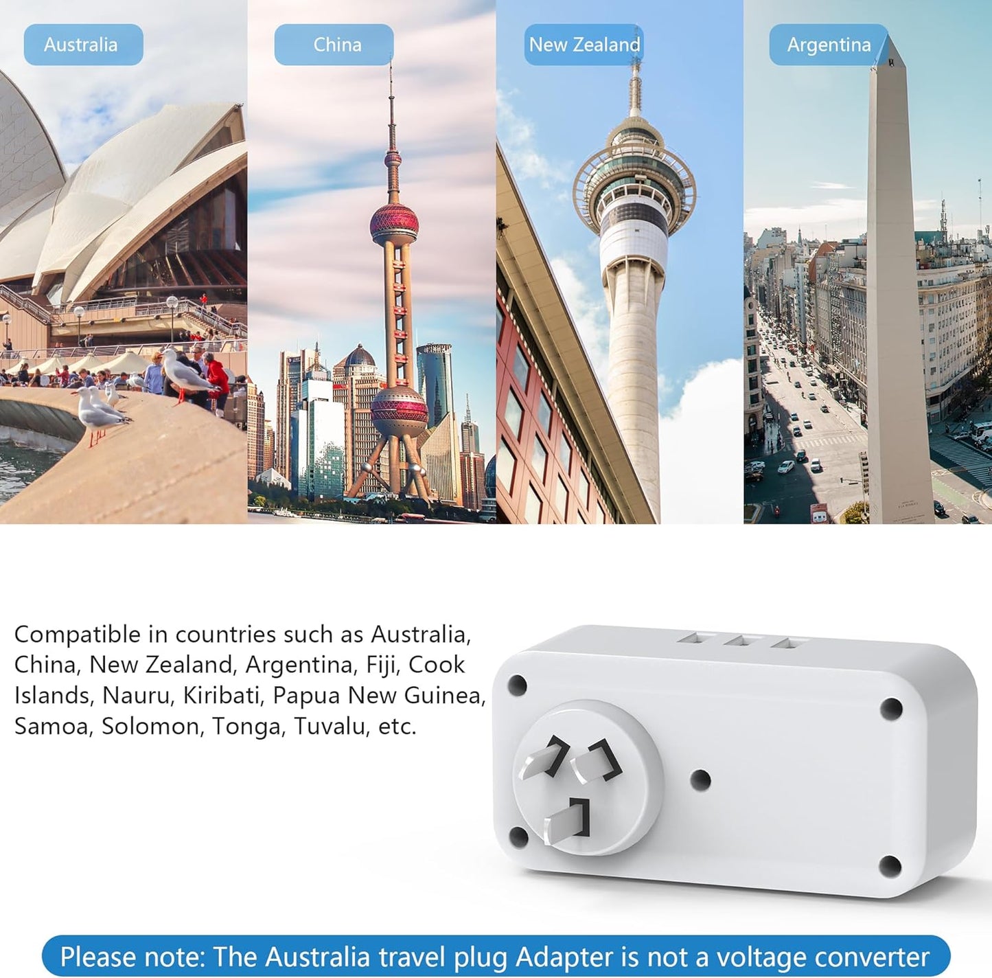 UK to Australia 2Gang Plug Adaptor With 3 USB-A, Grounded Australian China New Zealand from UK