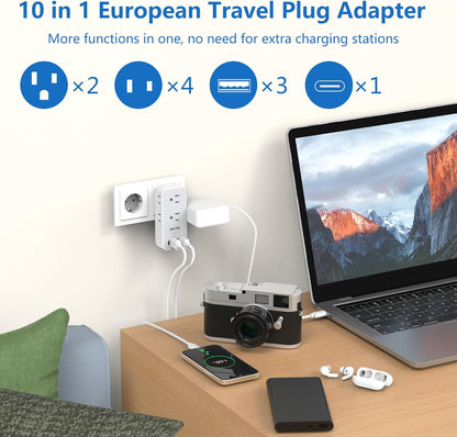 US to Europe Travel Plug Adapter, 6Outlets Plug Adapter with 4 USB(3 USB-A,1 USB-C),USA to EU Spain Iceland Italy France Greece Germany