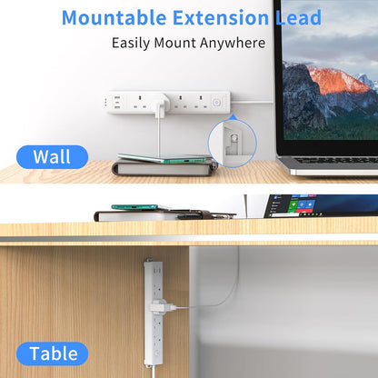 5M 4Gang Extension Lead with 3 USB Slots (1 USB C), Wall Mount