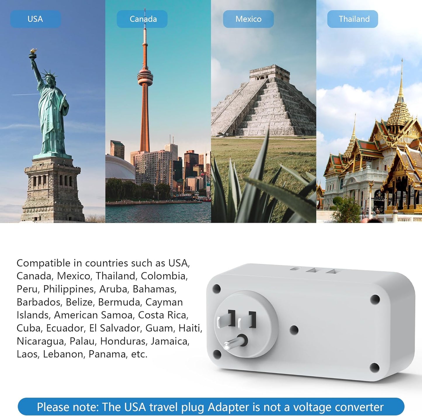 UK to US Plug Adaptor, Mscien Grounded USA Travel Adapter with 3 USB (1 USB C), Double Plug Adaptor with Dual 2 Pin Socket from UK to American, Canada, Thailand, Mexico, Jamaica, Philippines (Type B)