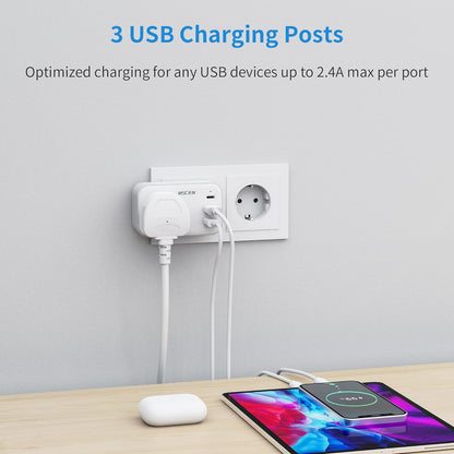 UK to European Plug Adapter with 3 USB, Travel Adapter Plug UK to EU Europe, Euro Schuko Grounded Charger for Germany France Spain Turkey Greece Iceland, Type E/F Plug Adaptor